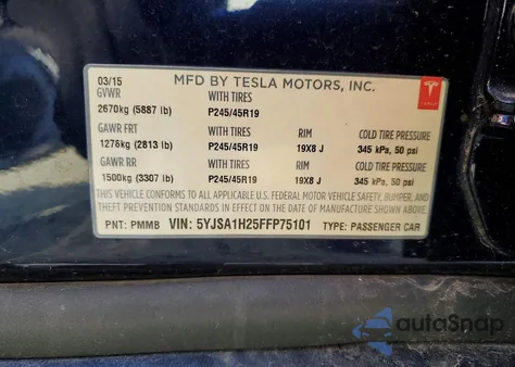 2015 Tesla Model S 85D из США, поврежденный, VIN 5YJSA1H25FFP75101